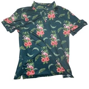 Yatta Golf Polo Shirt Mens XL Green Excellent Flamingo Floral Tropical Print